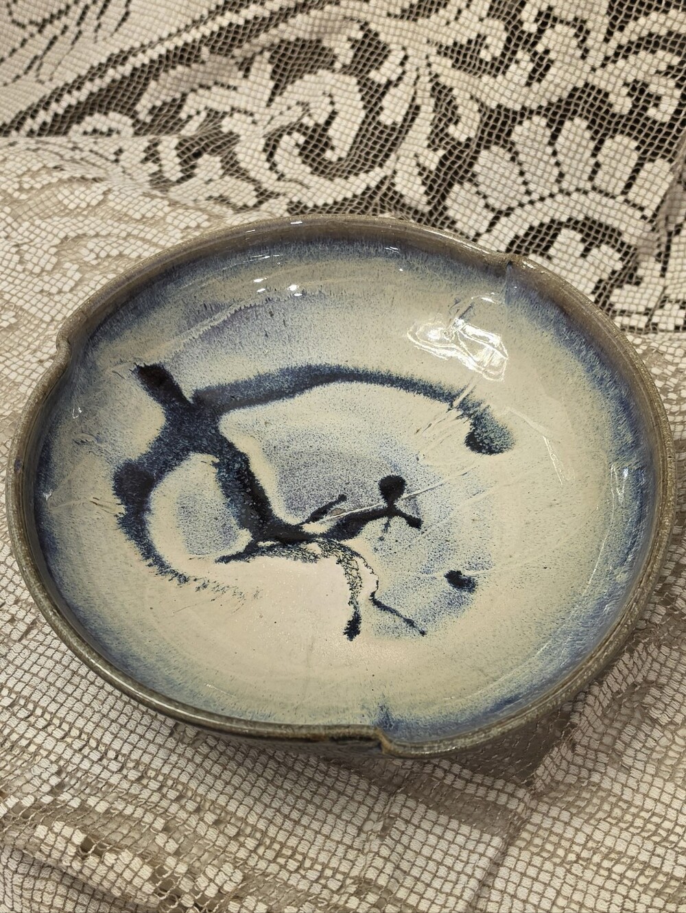 Studio Art Pottery Bowl Signed K Hand Thrown Ceramic Blue Abstract Brushstroke